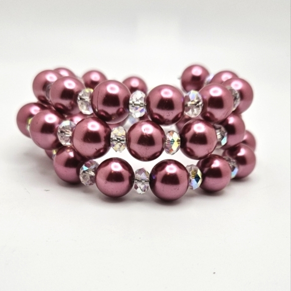 🟢3/$19🟢 Pink Pearl Aurora Borealis Crystal Memory Wire Statement Bracelet - Picture 3 of 5